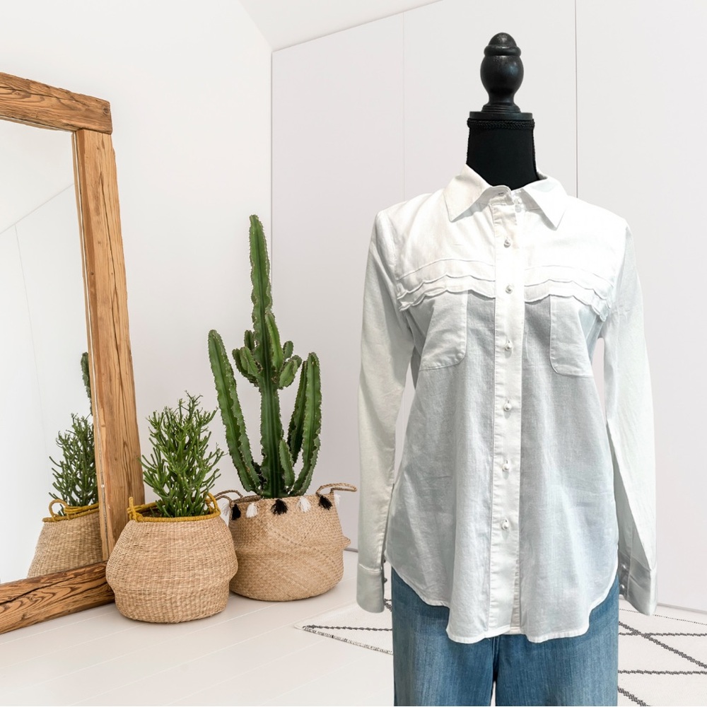 Sundance Long Sleeve Scalloped Trim Button Down Top